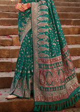 Load image into Gallery viewer, Dark Jade Green Banarasi Kora Silk Saree with Pashmina Weaving &amp; Zari Border Pallu