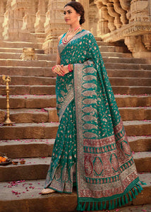 Dark Jade Green Banarasi Kora Silk Saree with Pashmina Weaving & Zari Border Pallu