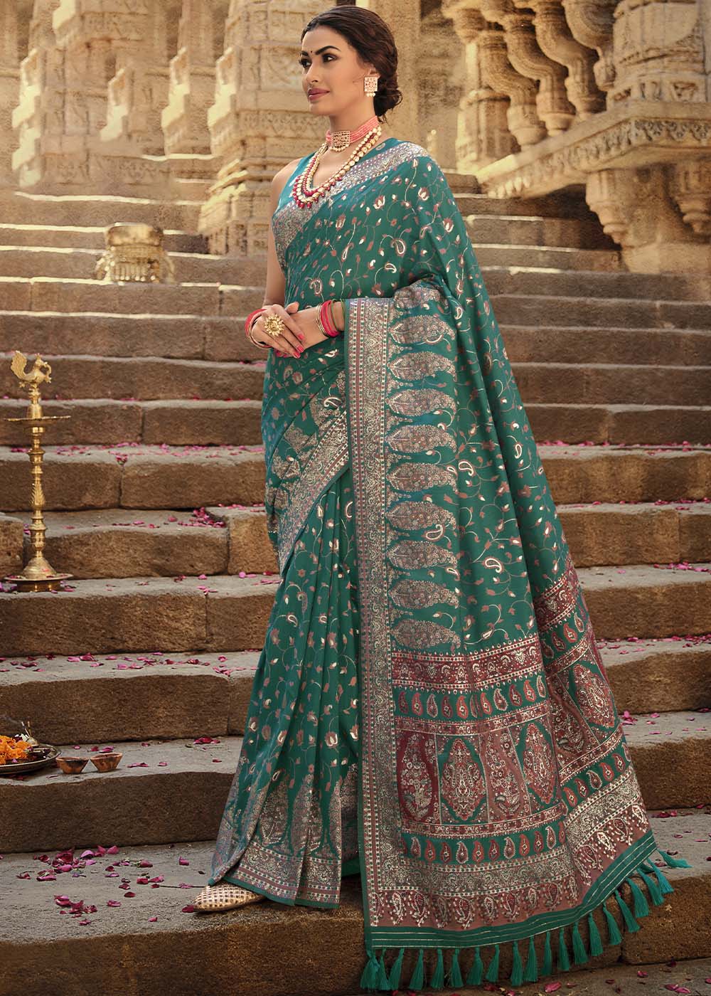 Dark Jade Green Banarasi Kora Silk Saree with Pashmina Weaving & Zari Border Pallu