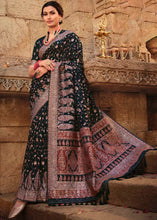 Load image into Gallery viewer, Sable Black Banarasi Kora Silk Saree with Pashmina Weaving &amp; Zari Border Pallu