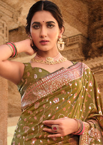 Avocado Green Banarasi Kora Silk Saree with Pashmina Weaving & Zari Border Pallu
