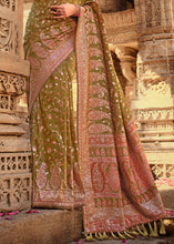 Load image into Gallery viewer, Avocado Green Banarasi Kora Silk Saree with Pashmina Weaving &amp; Zari Border Pallu