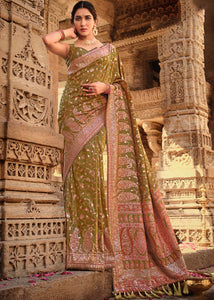 Avocado Green Banarasi Kora Silk Saree with Pashmina Weaving & Zari Border Pallu