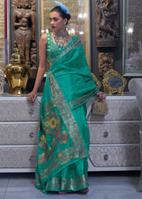 Load image into Gallery viewer, Turquoise Green Handloom Woven Dual Tone Organza Silk Saree with Sequins Work
