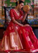 Load image into Gallery viewer, Ruby Red Handloom Woven Dual Tone Organza Silk Saree with Sequins Work