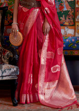Load image into Gallery viewer, Ruby Red Handloom Woven Dual Tone Organza Silk Saree with Sequins Work