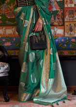 Load image into Gallery viewer, Greasy Green Handloom Woven Dual Tone Organza Silk Saree with Sequins Work