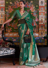 Load image into Gallery viewer, Greasy Green Handloom Woven Dual Tone Organza Silk Saree with Sequins Work