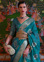 Cargar imagen en el visor de la galería, Dark Cerulean Blue Handloom Woven Dual Tone Organza Silk Saree with Sequins Work