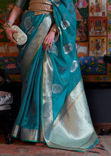 Cargar imagen en el visor de la galería, Dark Cerulean Blue Handloom Woven Dual Tone Organza Silk Saree with Sequins Work