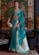 Cargar imagen en el visor de la galería, Dark Cerulean Blue Handloom Woven Dual Tone Organza Silk Saree with Sequins Work