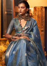 Load image into Gallery viewer, Steel Blue Two Tone Handloom Woven Organza Silk Saree