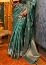 Load image into Gallery viewer, Dynasty Green Two Tone Handloom Woven Organza Silk Saree