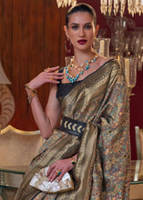 Load image into Gallery viewer, Golden Black Kashmiri Jamawar Woven Silk Saree