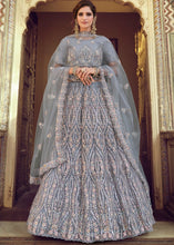 Laden Sie das Bild in den Galerie-Viewer, Pewter Grey Soft Net Lehenga Choli with Sequins, Thread, Zari &amp; Dori work