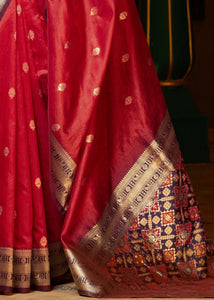 Cherry Red Woven Banarasi Silk Saree with Patola Pallu and Blouse