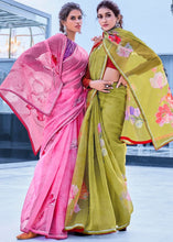 Carica l&#39;immagine nel visualizzatore Galleria,Olive Green Floral Handprinted Organza Silk Saree