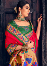 Cargar imagen en el visor de la galería, Ruby Red Woven Paithani Banarasi Silk Saree with Swarovski work &amp; Embroidered Blouse