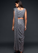 Laden Sie das Bild in den Galerie-Viewer, Silver Grey Sequins &amp; Thread Embroidered Designer Georgette Saree