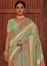 Load image into Gallery viewer, Pastel Green Banarasi Kora Silk Saree with Pashmina Weaving &amp; Zari Border Pallu