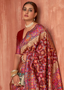 Currant Red Banarasi Kora Silk Saree with Pashmina Weaving & Zari Border Pallu