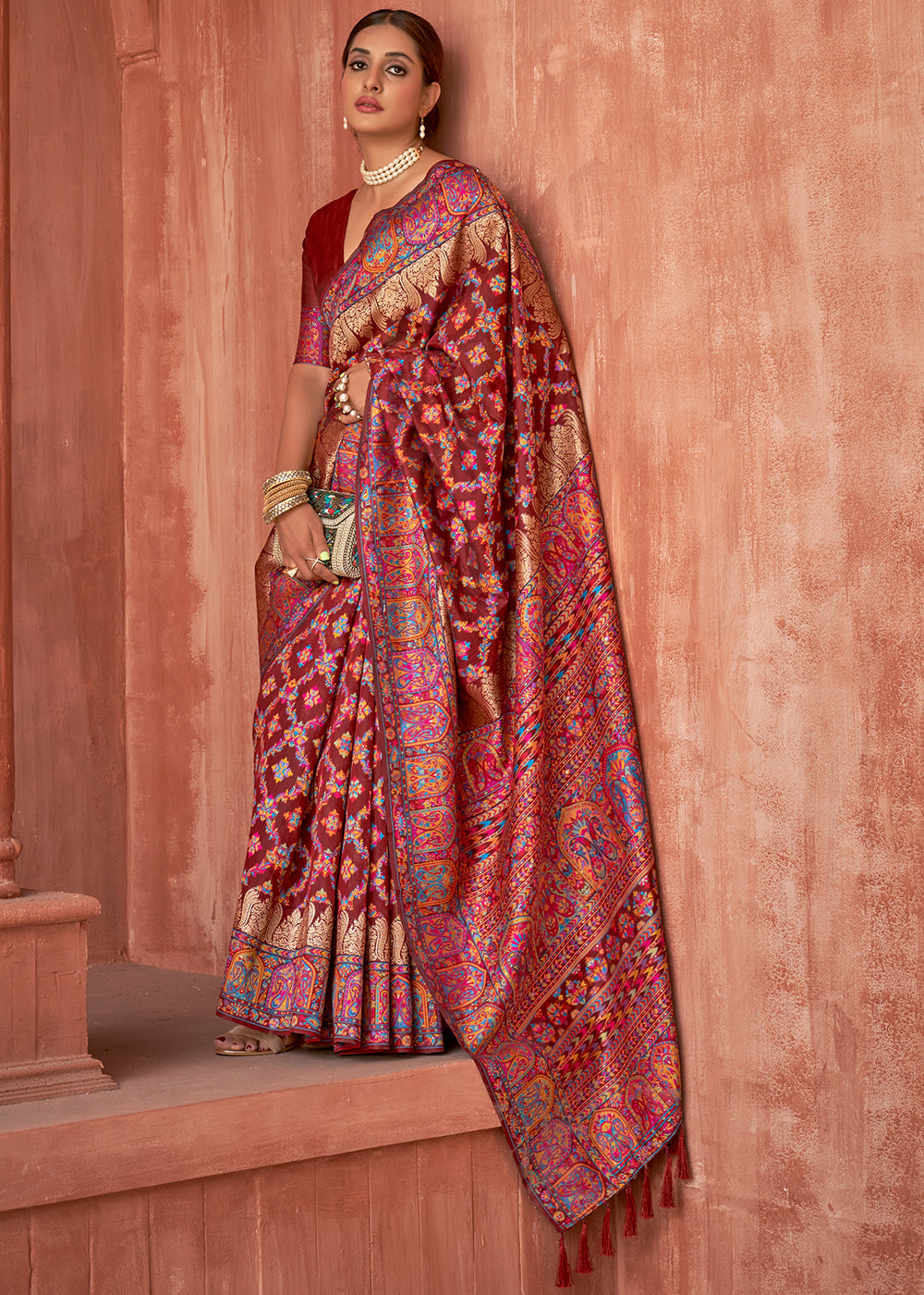Currant Red Banarasi Kora Silk Saree with Pashmina Weaving & Zari Border Pallu