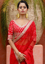 Load image into Gallery viewer, Crimson Red Leheriya Organza Saree with Embroidered Blouse