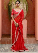 Load image into Gallery viewer, Crimson Red Leheriya Organza Saree with Embroidered Blouse