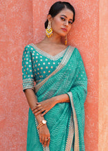 Load image into Gallery viewer, Dark Cyan Green Leheriya Organza Saree with Embroidered Blouse
