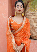 Load image into Gallery viewer, Papaya Orange Leheriya Organza Saree with Embroidered Blouse