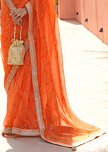 Load image into Gallery viewer, Papaya Orange Leheriya Organza Saree with Embroidered Blouse