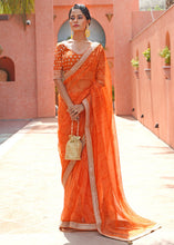 Load image into Gallery viewer, Papaya Orange Leheriya Organza Saree with Embroidered Blouse