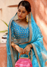 Load image into Gallery viewer, Azure Blue Leheriya Organza Saree with Embroidered Blouse