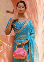 Load image into Gallery viewer, Azure Blue Leheriya Organza Saree with Embroidered Blouse