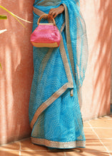 Load image into Gallery viewer, Azure Blue Leheriya Organza Saree with Embroidered Blouse