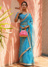 Load image into Gallery viewer, Azure Blue Leheriya Organza Saree with Embroidered Blouse