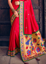 Cargar imagen en el visor de la galería, Ruby Red Woven Paithani Banarasi Silk Saree with Swarovski work &amp; Embroidered Blouse