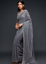 Laden Sie das Bild in den Galerie-Viewer, Silver Grey Sequins &amp; Thread Embroidered Designer Georgette Saree