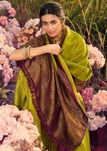 Load image into Gallery viewer, Avocado Green Woven Kanjivaram Silk Saree With Contrast Border &amp; Pallu