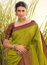 Load image into Gallery viewer, Avocado Green Woven Kanjivaram Silk Saree With Contrast Border &amp; Pallu