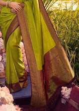 Load image into Gallery viewer, Avocado Green Woven Kanjivaram Silk Saree With Contrast Border &amp; Pallu
