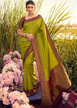 Load image into Gallery viewer, Avocado Green Woven Kanjivaram Silk Saree With Contrast Border &amp; Pallu