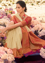 Load image into Gallery viewer, Cream White Woven Kanjivaram Silk Saree With Contrast Border &amp; Pallu