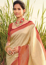 Load image into Gallery viewer, Cream White Woven Kanjivaram Silk Saree With Contrast Border &amp; Pallu