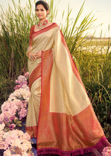 Load image into Gallery viewer, Cream White Woven Kanjivaram Silk Saree With Contrast Border &amp; Pallu