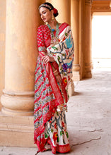 Load image into Gallery viewer, Daisy White Printed Patola Silk Saree with Zari Border &amp; Tassels on Pallu : Top Pick