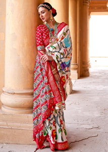 Daisy White Printed Patola Silk Saree with Zari Border & Tassels on Pallu : Top Pick