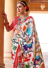 Load image into Gallery viewer, Daisy White Printed Patola Silk Saree with Zari Border &amp; Tassels on Pallu : Top Pick