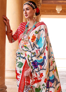 Daisy White Printed Patola Silk Saree with Zari Border & Tassels on Pallu : Top Pick