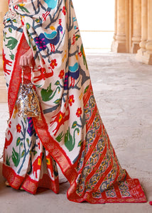 Daisy White Printed Patola Silk Saree with Zari Border & Tassels on Pallu : Top Pick
